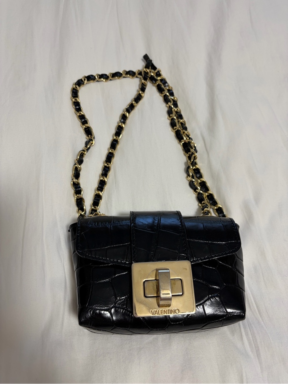 Valentino Black Croc-Embossed Shoulder Bag with Gold Chain
